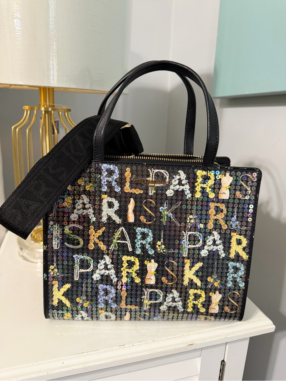 Karl Lagerfeld Black Sequin Logo Satchel with Multicolor Lettering